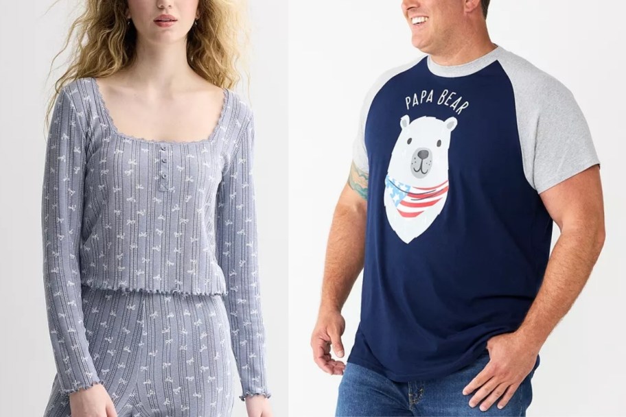 a woman in a lounge top and a man in graphic tee