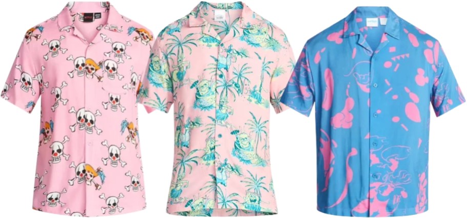 three mens character hawaiian shirts