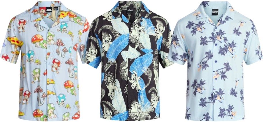 three mens character hawaiian shirts
