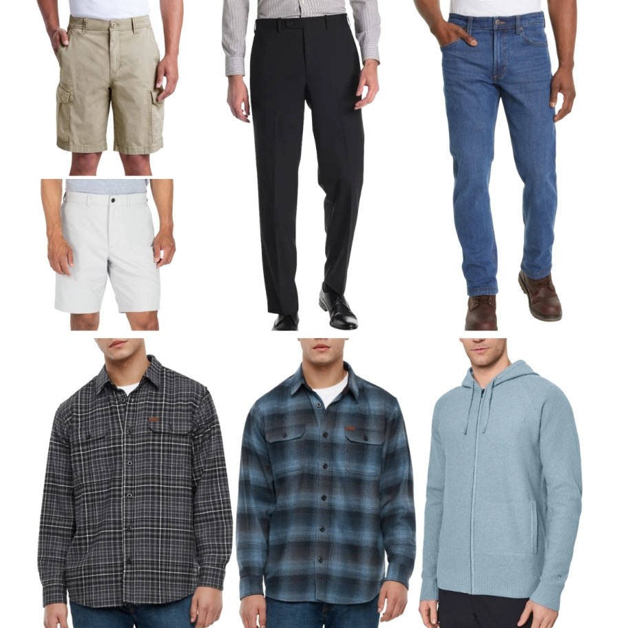 mens shorts dress pants, jeans, button down shirts and full zip hooded sweater