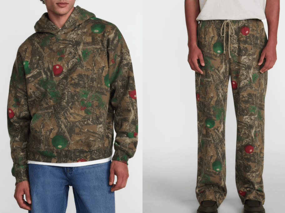 2 men wearing camo holiday sweats