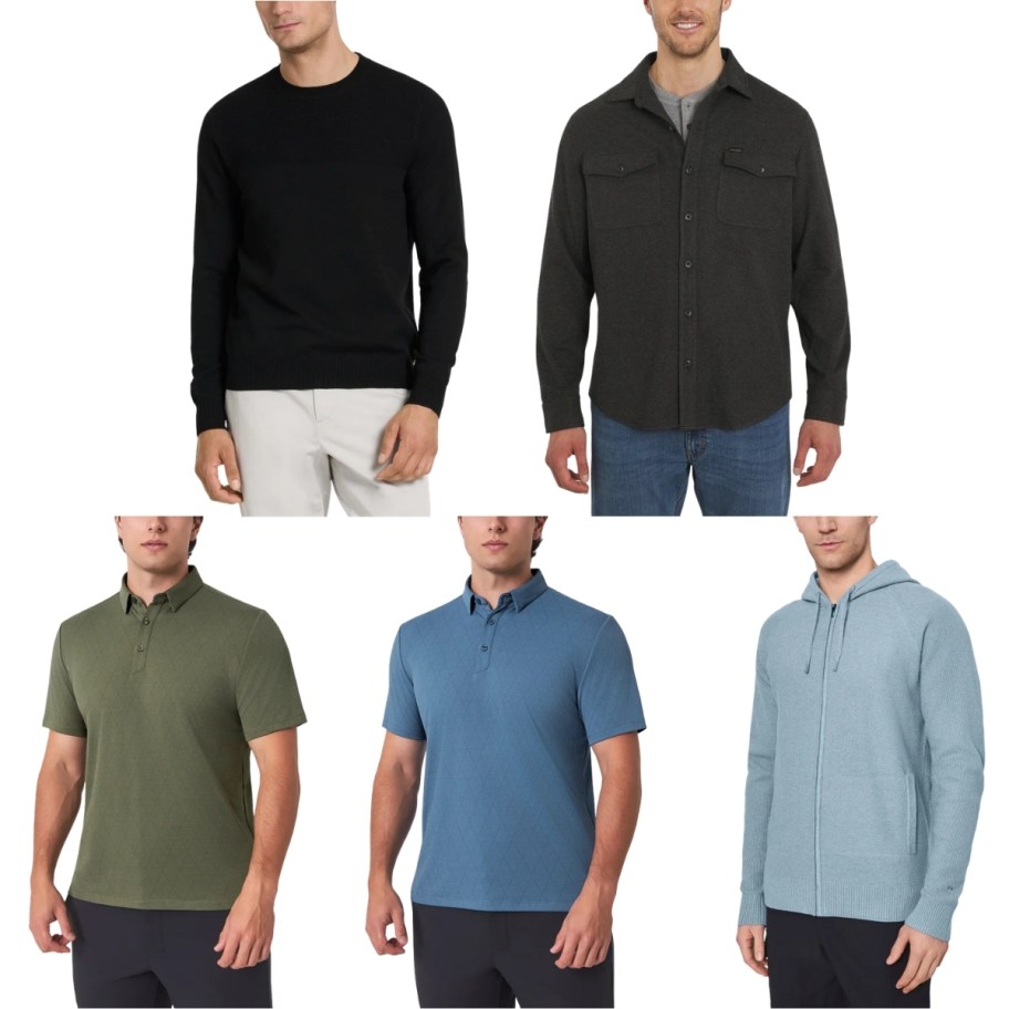 mens sweater, button down, 2 polos, and a full zip sweater
