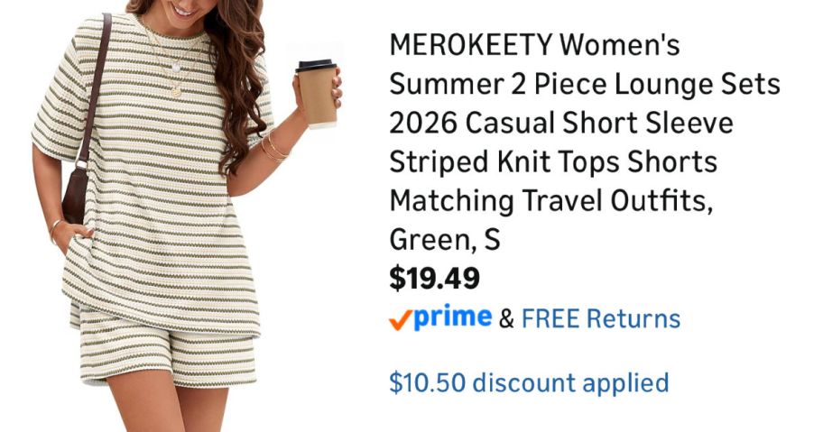 woman wearing striped lounge set next to Amazon pricing information
