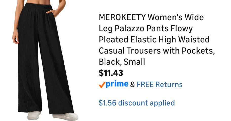 woman wearing black pants next to Amazon pricing information