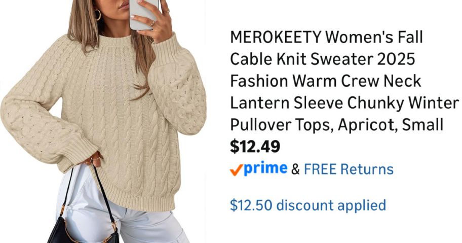 woman wearing tan sweater next to Amazon pricing information