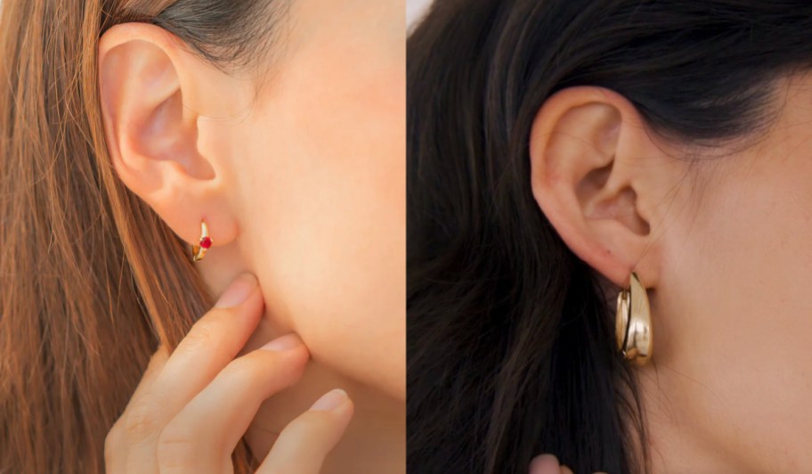 side of womens heads showing birthstone hoop gold earring and gold earring