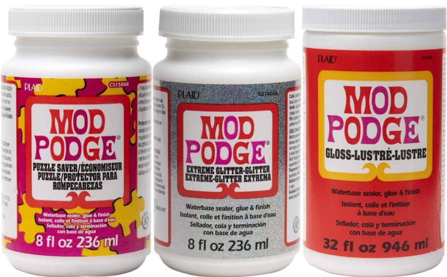 Three Mod Podge bottles are shown: Puzzle Saver, Extreme Glitter, and Gloss. Each bottle specifies it is a water-based sealer, glue, and finish.