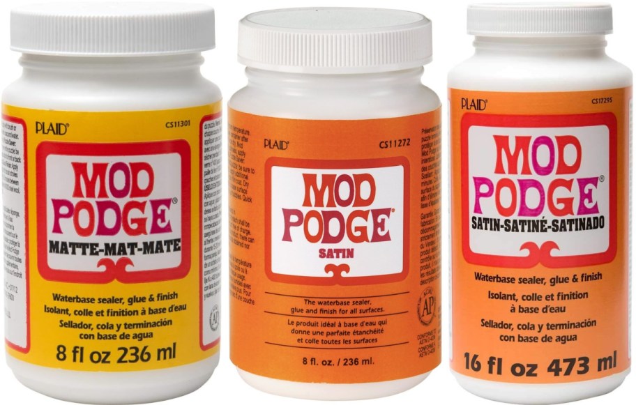 Three Mod Podge bottles: matte, satin, and satin finish in yellow, orange, and larger orange containers respectively. Labels highlight usage details.
