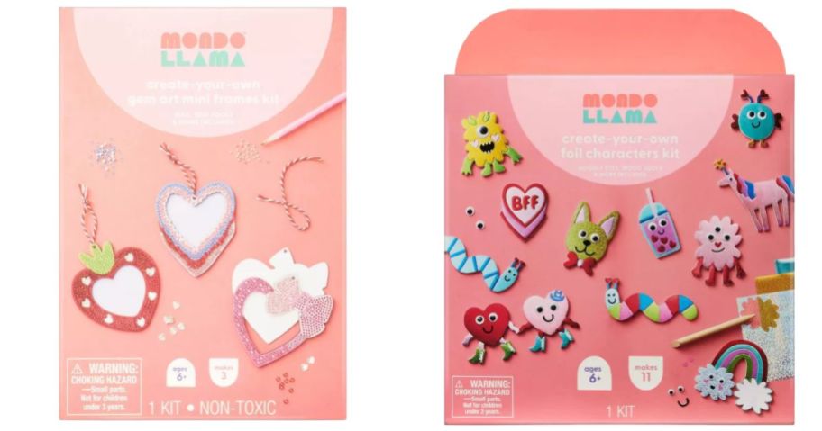 a Mondo Llama Valentine's Craft Gem Art Mini Heart Frames Activity Kit and a Mondo Llama Valentine's Foil Art Characters Activity Kit