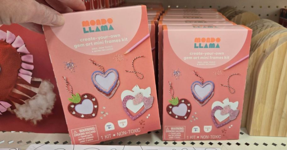 two Mondo Llama Valentine's Craft Gem Art Mini Heart Frames Activity Kits in store