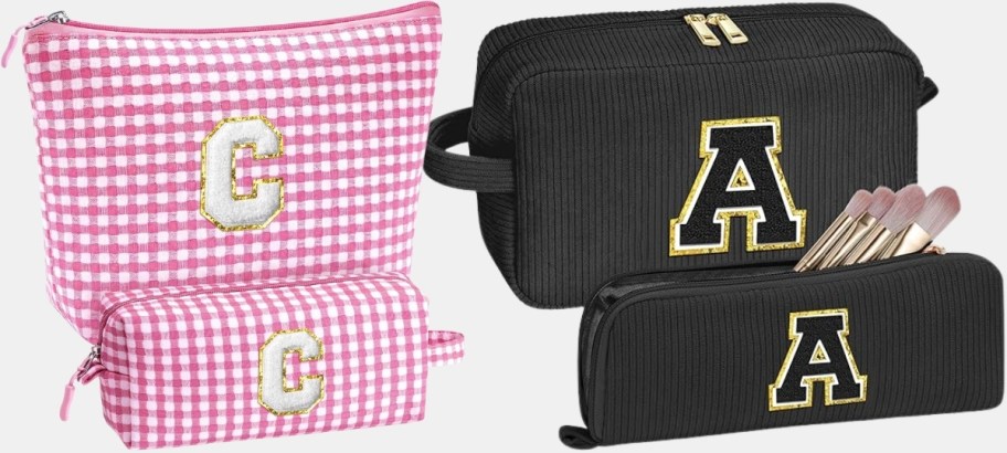 2 two-piece makeup bag sets in different styles and fabrics