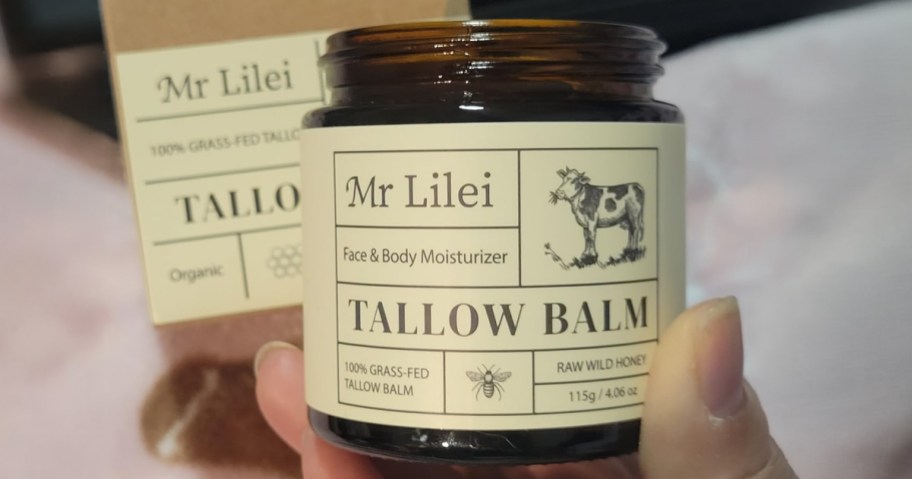 person holding jar of mr lilei beef tallow