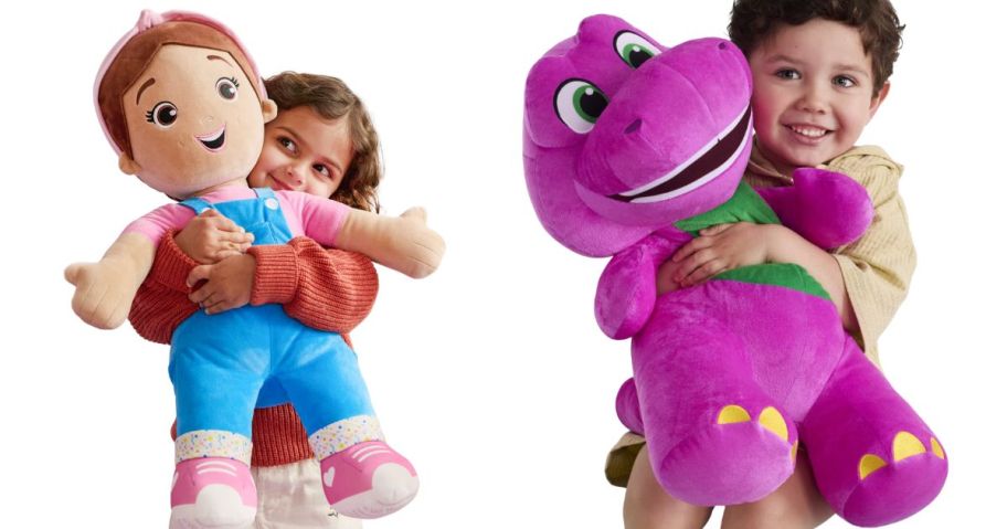 two kids holding ms. rachel and barney jumbo plush