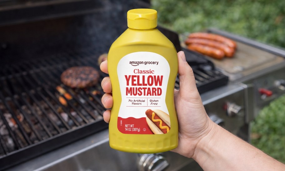 hand holding amazon grocery yellow mustard in front of a grill