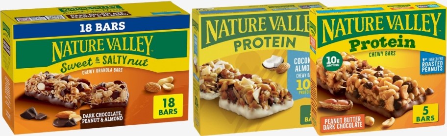 3 boxes of different flavors and varieties of granola bars