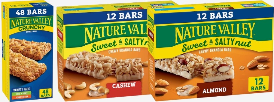 3 boxes of different flavors and varieties of granola bars