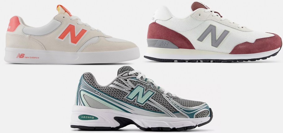 white and orange and red, and gray and blue new balance shoes