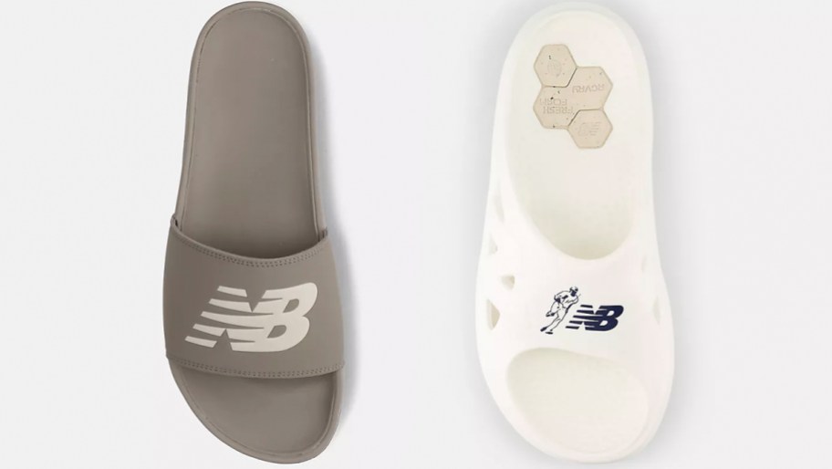 gray and white new balance slides