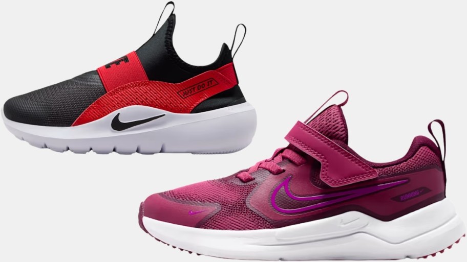 black slip on running shoe and red and white running shoe