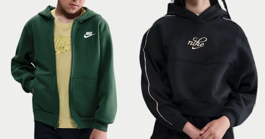 boy wearing a zip up Nike hoodie and girl wearing a black Nike hoodie
