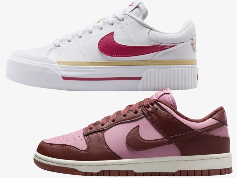 a white and pink women's Nike Court Legacy Lift shoe and a pink and purple Nike Dunks low women's shoe