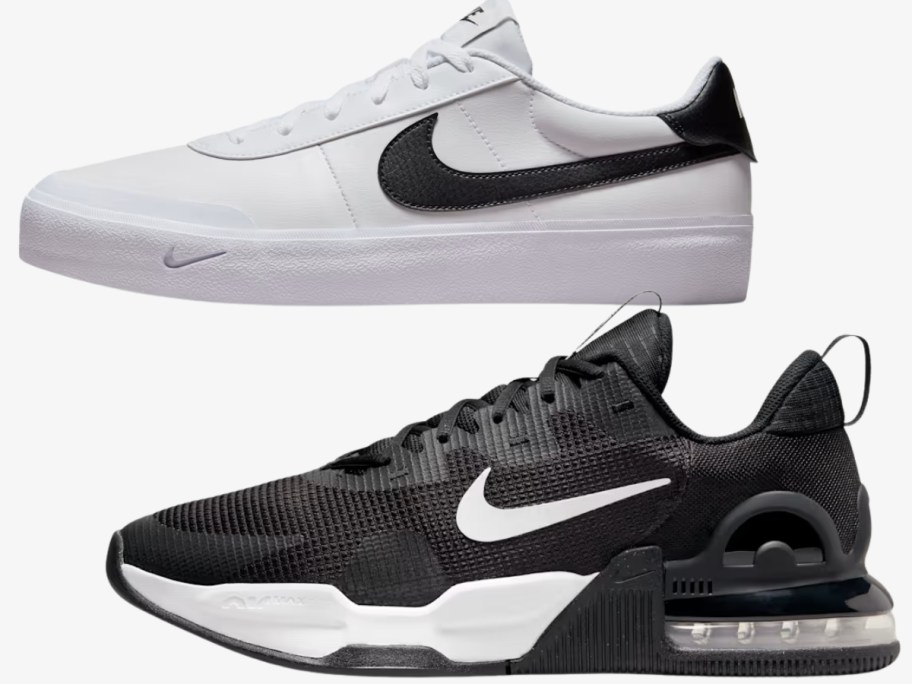 a white and black men's Nike Court Shot shoe and a black and white Nike men's Air Max shoe