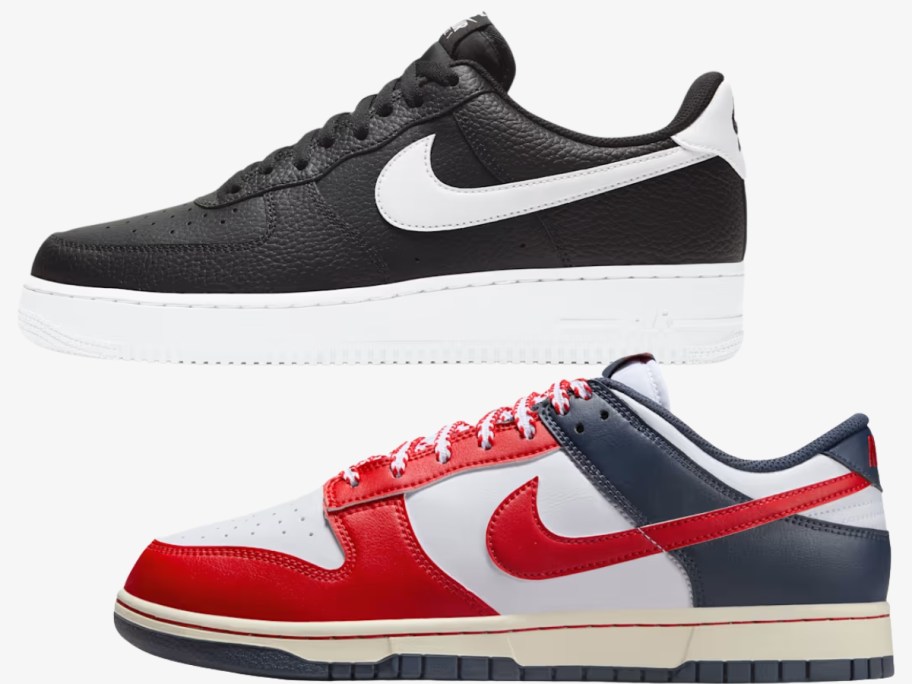 a black & white men's Nike Air Force 1 shoe and a red, blue, and white men's Nike Dunks shoe