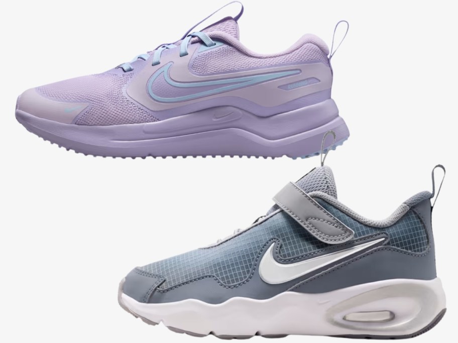 a purple Nike kids shoe and a blue and white Nike kids Air Max shoe