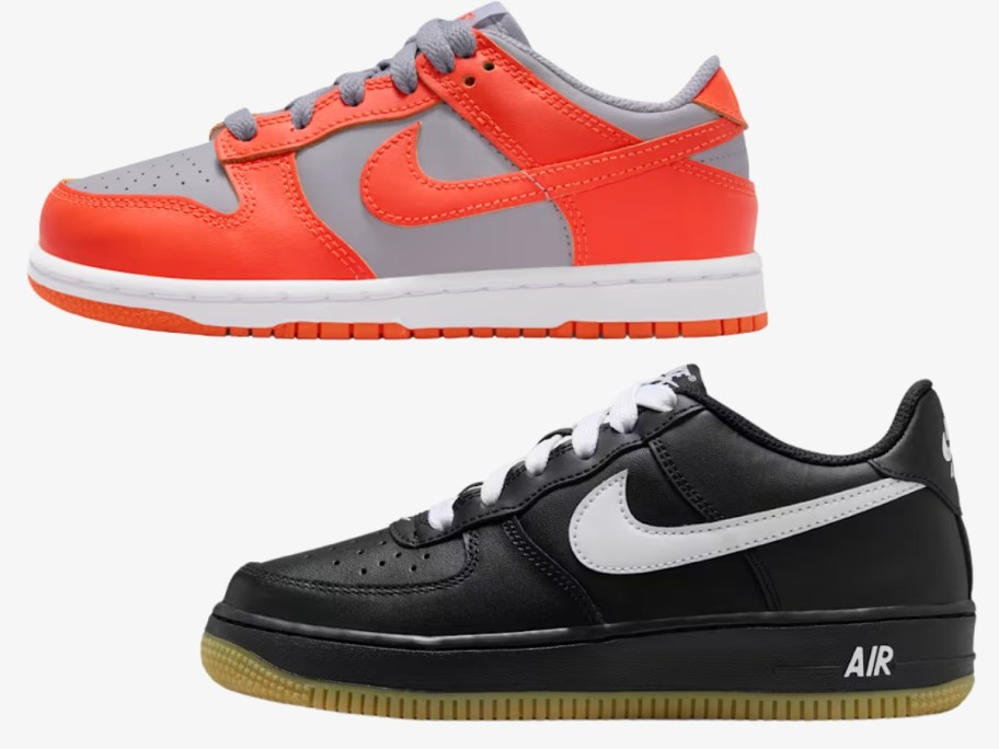 and orange and grey Nike Dunks shoe and a black Nike Air Force 1 Shoe
