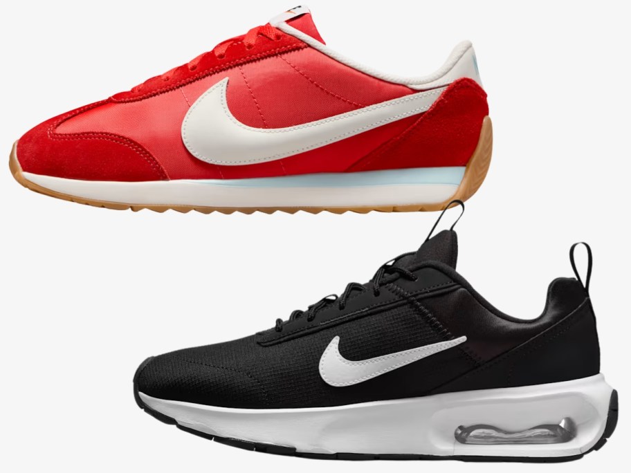 a red Nike Pacific women's shoe and a black Nike Air Max women's shoe