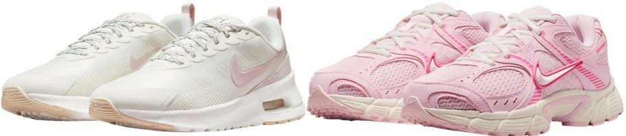 white and pink pairs of nike womens running shoes