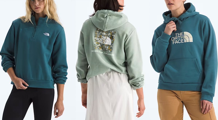 women wearing teal and green jackets