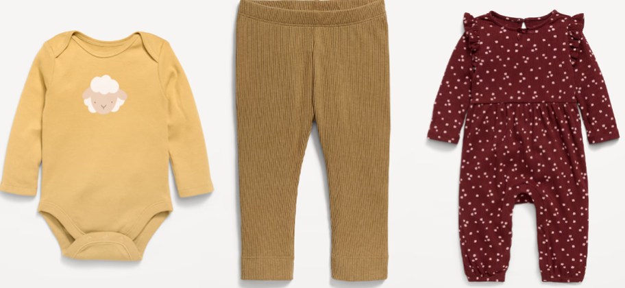 baby bodysuit, pants, and romper