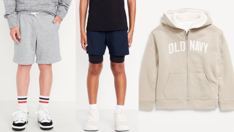 Boys wearing gray and black shorts and beige hoodies