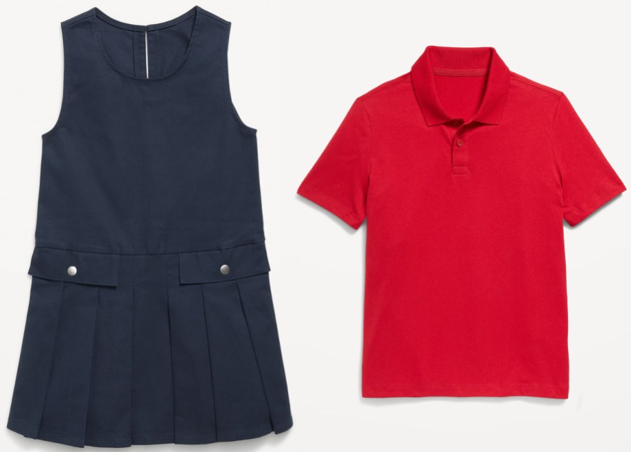 blue dress and red polo shirt