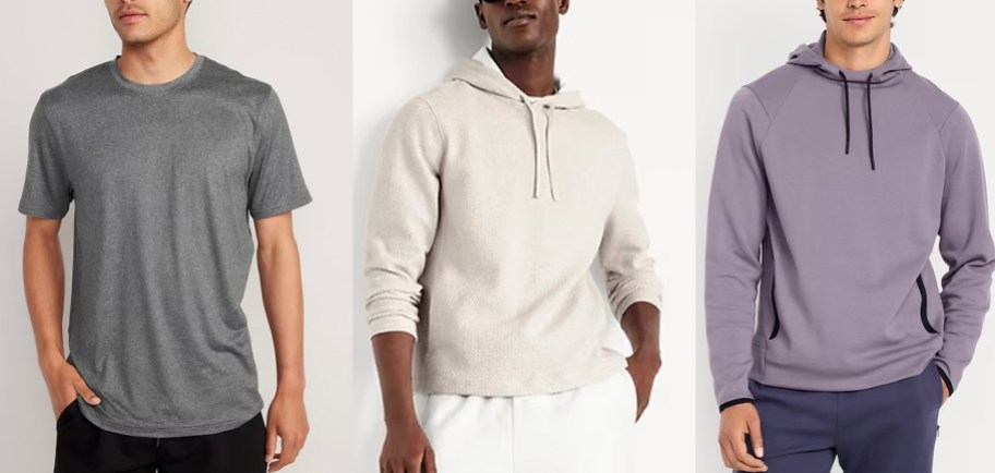 Men wearing gray, beige and purple tops