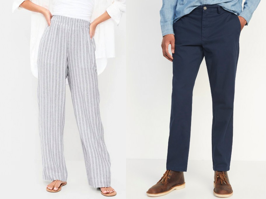 woman wearing blue striped pants and man in navy blue pants 