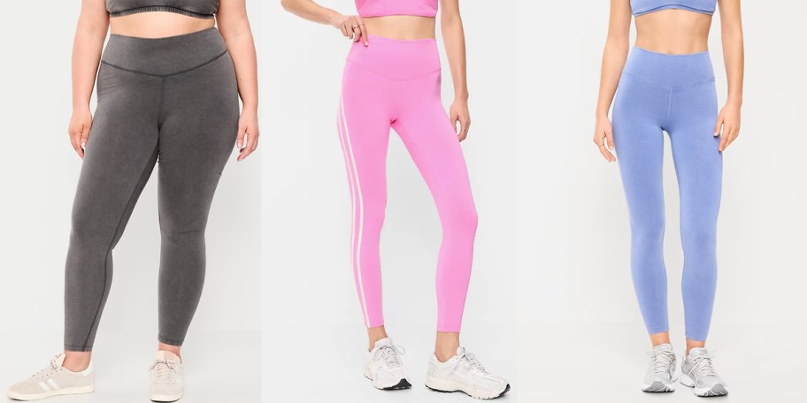 women wearing gray, pink, and blue leggings 