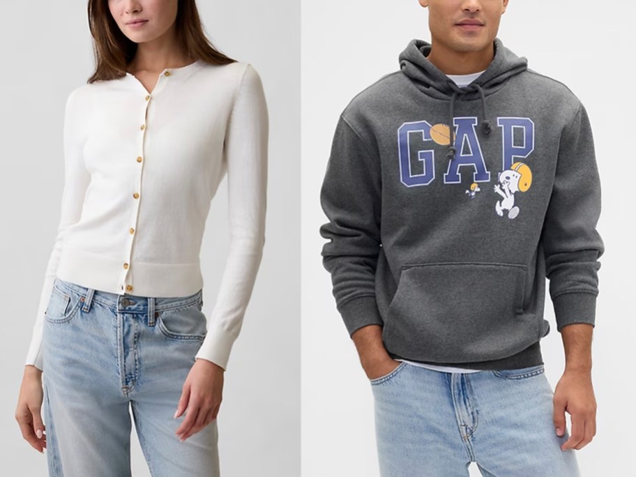 people wearing white sweater and gray snoopy hoodie