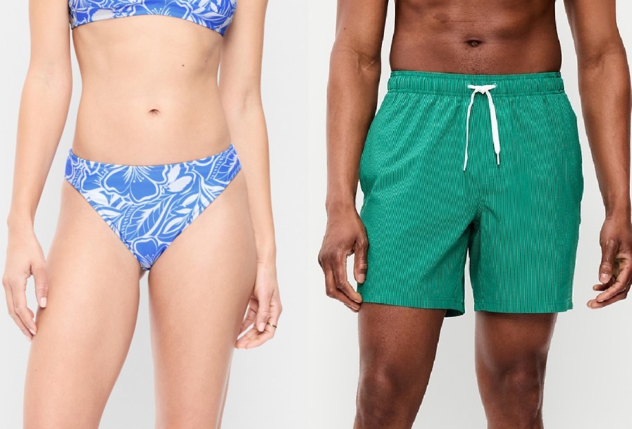 This is a cropped image of two people wearing swimsuits. The person on the left is wearing blue floral bikini bottoms, and the person on the right is wearing a green swimsuit.