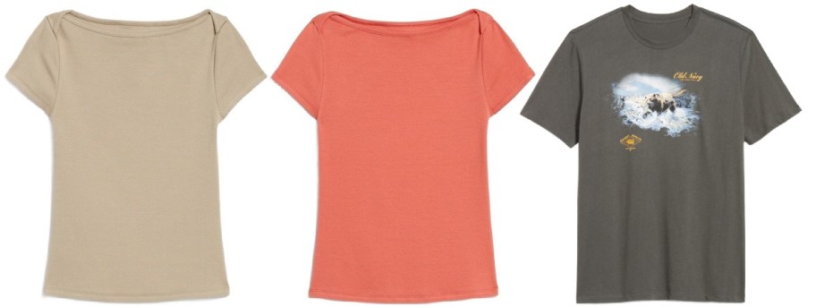 Three T-shirts: beige with wide neckline, coral with a similar style, and gray featuring a surf graphic and "Club Wave" text.