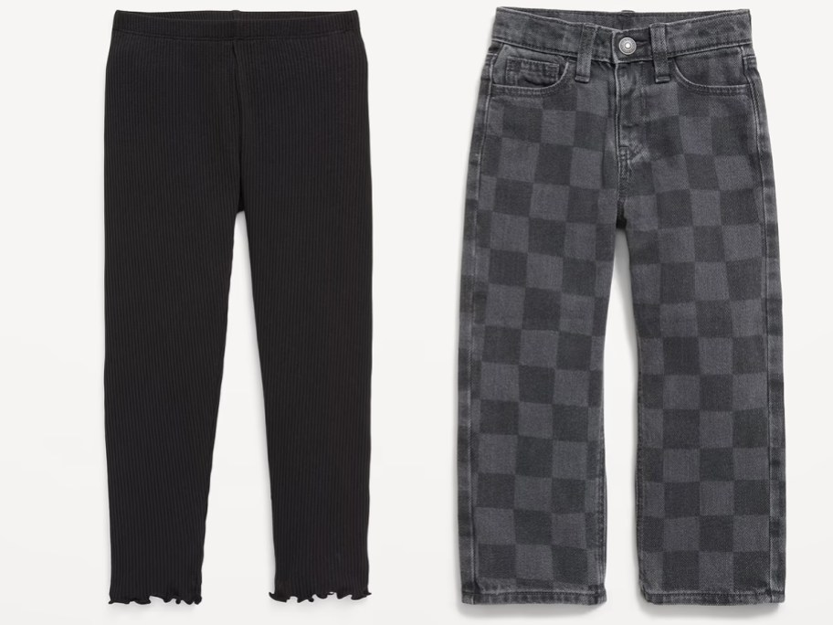 kids black leggings and checkered jeans