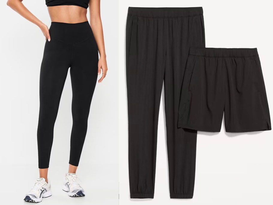 Woman wearing black pants and men's black pants and shorts