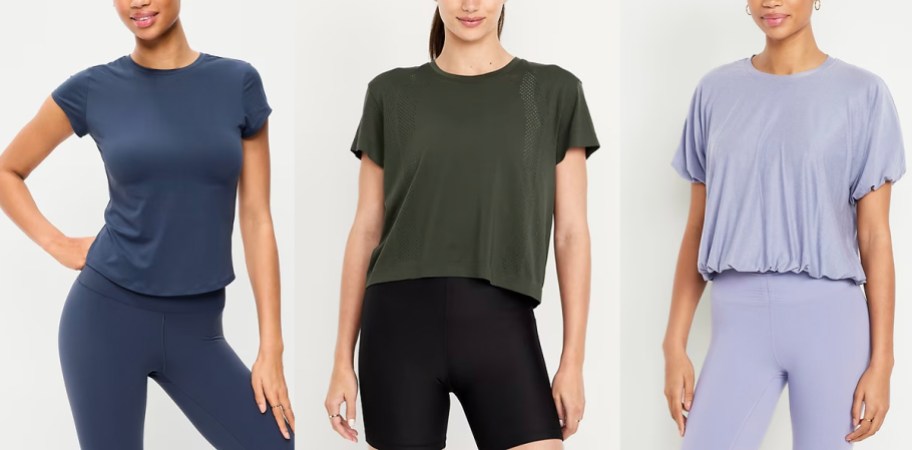 Woman wearing blue, green and purple top