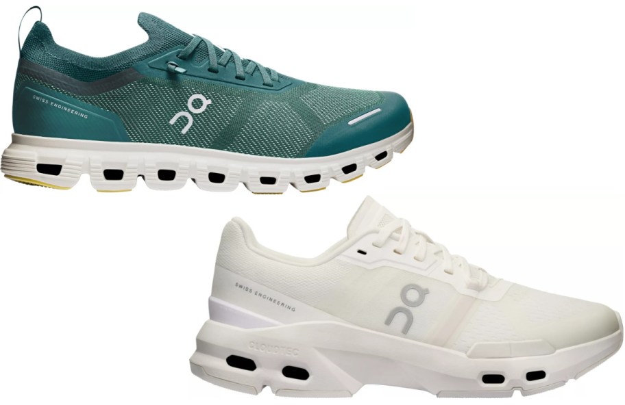 Two athletic shoes are pictured. The top shoe is teal with sleek mesh, and the bottom is white with a minimalist design. Both have cushioned soles.