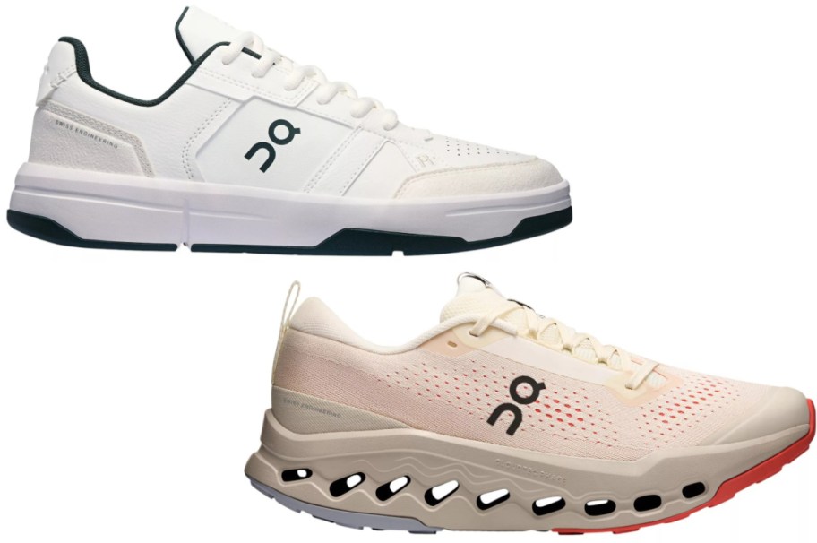 Two pairs of athletic sneakers are shown. The top pair is white with black accents, while the bottom is beige with a wavy, perforated sole.