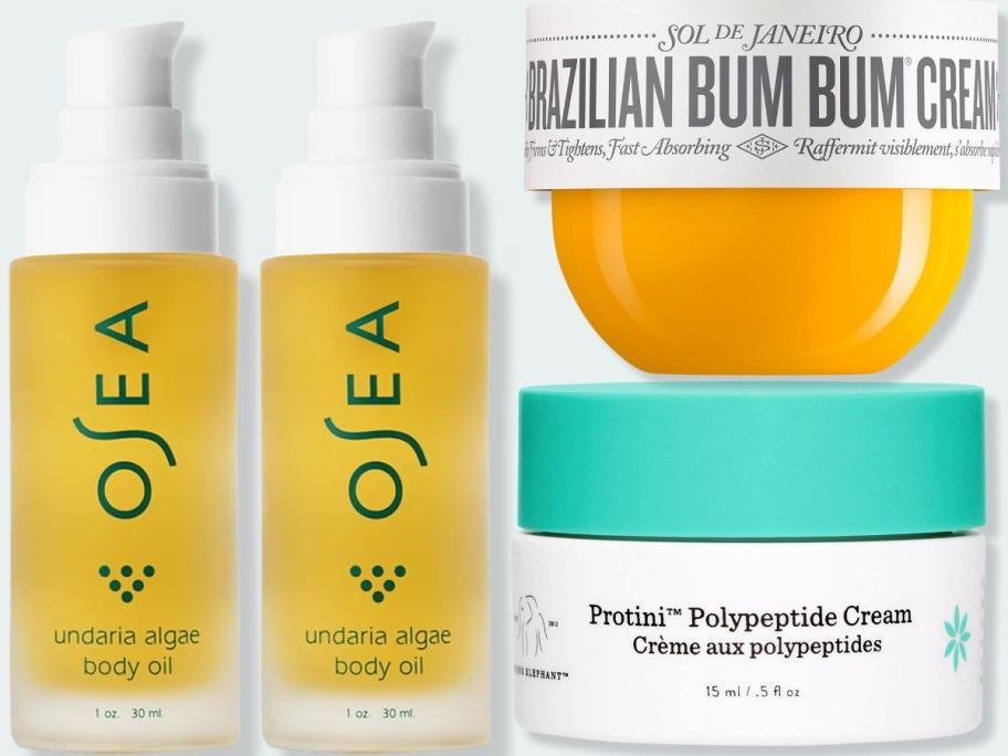 two mini body oils and jars of body and face creams