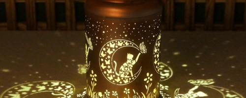 Rustic lantern with cut-out designs of a cat and butterfly, casting intricate shadows on a surface. Surrounded by leafy patterns.