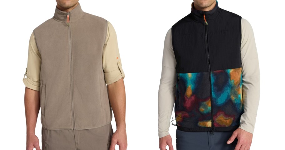 two men wearing different colors and styles of winter vests