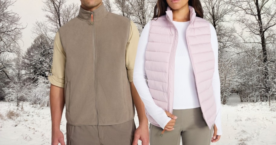 a man and a woman wearing winter vests